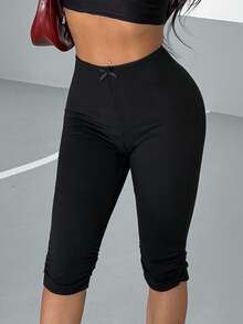 AITYI Studio 女士七分裤，春夏休闲花卉蝴蝶结褶皱设计，时尚性感修身，适合户外通勤、海滩派对、Y2K 风格、乡村度假风、假日装扮、毕业返校、音乐节、复活节、母亲节等场合，版型合身。 - 黑色 - 查看 3