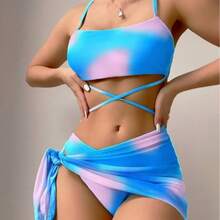 3 Piece Tie Dye Bikini With Wrap Skirt, Crisscross Waist Crop Top + Cheeky Bottom + Mesh Sarong, Women's Swimwear For Vacation - màu xanh lam và màu hồng - Xem 2
