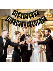 黑色生日快樂紙製吊旗套組，燙金 Happy Birthday 字母橫幅，現代金屬字母圖案裝飾拉旗，適用生日派對活動裝飾，黑色生日裝飾，週年紀念 - 彩色 - 查看 9