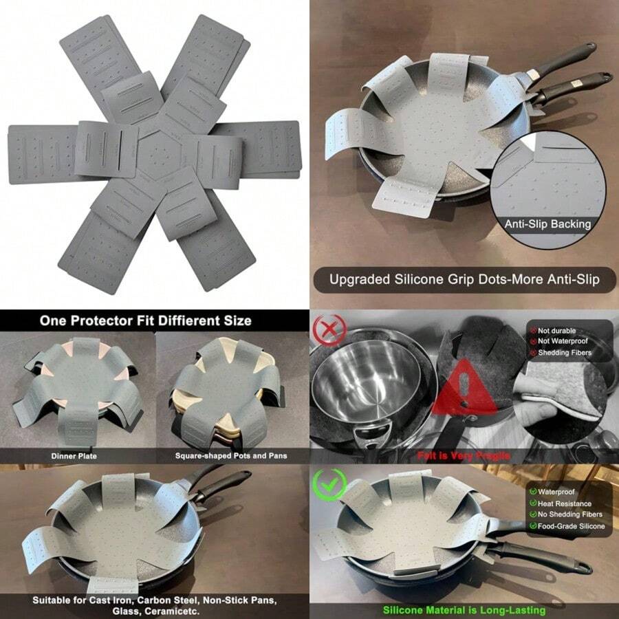 Protectores de ollas y sartenes almohadilla protectora de silicona de 3 piezas protector de sartenes apilables. Tiene un diseño único de apertura y fijación que se puede utilizar para proteger y - Gris - Ver 1
