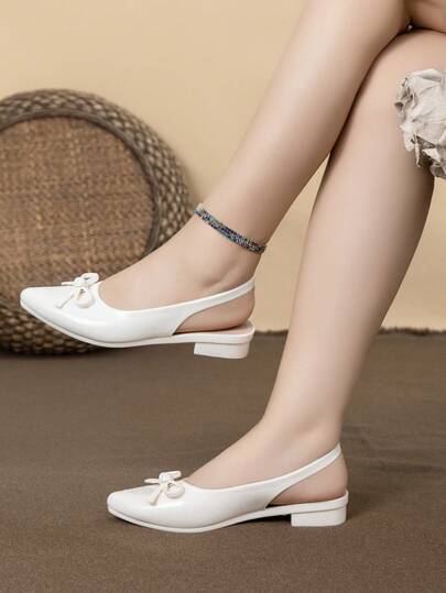 Women's Flat Sandals, Pure White Body, Elegant Silhouette, Bow Decor, Gold Lettering Insole, Suitable For Commuting, Dating, Casual, Outdoor, Beach, Versatile Fashion Choice