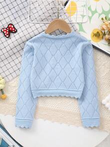 Girls' Spring Elegant Hollow Design Argyle Pattern + Lace Trim Knit Cardigan, Soft And Sweet, Suitable For Daily Wear Or Outings - Baby Blue - View 6