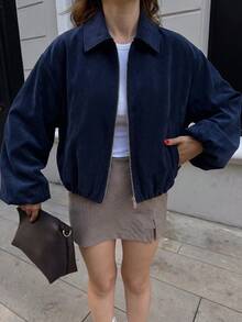 Women's Navy Blue Zip Pocket Jacket - Casual Loose Lapel Spring/Autumn Outerwear - Navy Blue - View 8