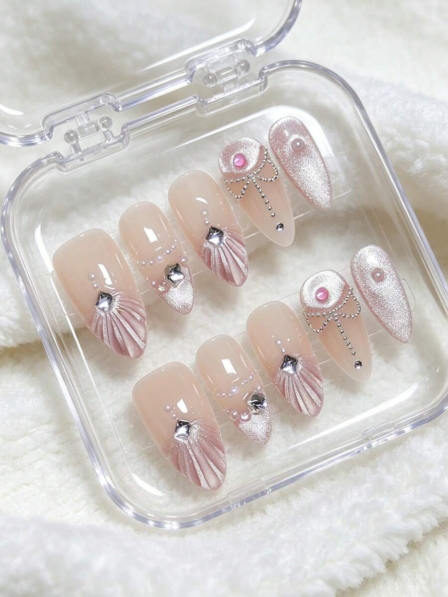 10Pcs Medium Long Pointed Almond Handmade Press On Nails, Nude Pink Cat Eye With 3D Shell Pearl Zirconia Crushed Diamond Decor, Luxury Mermaid Summer Vacation Y2K Nails, Reusable For Daily Dating Wedding, Ideal Gift For Girls - Multicolor - View 1
