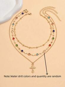 Set de 3 collares multicapa con colgante de cruz de cristal de colores en estilo bohemio, adecuado para el uso diario de las mujeres y las vacaciones de verano en la playa - Dorado - Ver 6