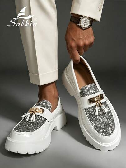 Salkin Nuevos mocasines de moda para hombres, zapatos sociales elegantes de caballero con decoración de lentejuelas y diseño con borlas. Parte superior de cuero suave y cómoda, suela antideslizante, zapatos casuales ligeros. Zapatos de vestir con plataforma para negocios, fiestas, bodas, adecuados para primavera, verano y otoño. Por favor, pida un número de talla talla grande grande.
