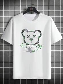 Herren Vintage T-Shirt mit Cartoon-Bären- & Buchstaben-Print – Lässiges Sommer-Oberteil mit Rundhalsausschnitt und kurzen Ärmeln für Freizeit und Camping - Weiss - Übersicht 6