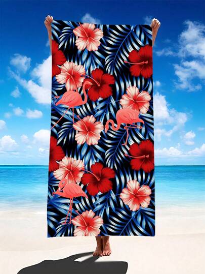1条黑色底红色芙蓉火烈鸟热带沙滩围巾，多种尺寸可选。速干、柔软、便携、时尚。采用防沙且超强吸水的超细纤维材质。风格：波西米亚风、热带风、复古风、趣味风、瑜伽风、野餐风、防紫外线。是海滩、游泳池和户外活动的理想之选；也是旅行、露营、瑜伽、健身和游泳的必备单品，男女皆宜。