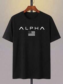 Camiseta de manga corta verde de 100% poliéster con diseño personalizado, texto "ALPHA" e impresión de logotipo minimalista, ropa casual transpirable para hombres, tela ligera, adecuada para - Negro - Ver 2