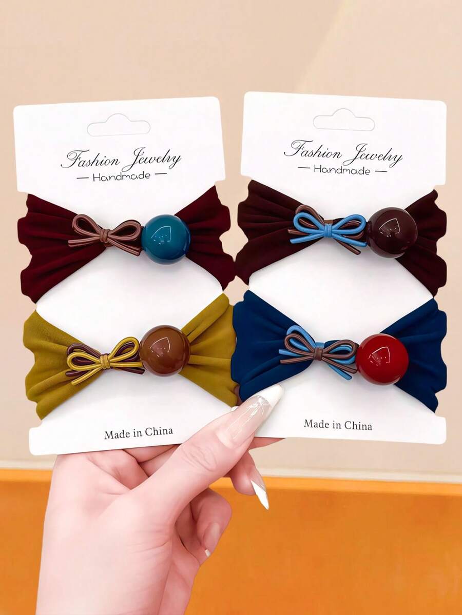 Bộ 4/2 chiếc dây buộc tóc nơ lụa kiểu retro, dây buộc tóc đính hạt phối màu tương phản, dây buộc tóc đa năng - Phù hợp cho phụ nữ và bé gái, thích hợp sử dụng hàng ngày, hẹn hò, đi học, dự tiệc, ngày lễ, quà tặng Ngày của Mẹ, du lịch, sinh nhật. - Nhiều màu - Xem 1