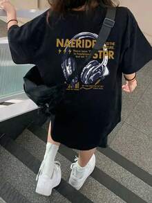 女士休闲圆领字母线条卡通印花短袖T恤，宽松版型，适合春夏穿着，黑色 - 黑色 - 查看 4