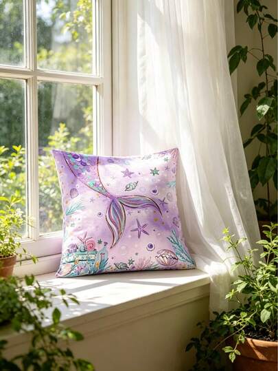 1/2/4件装水彩美人鱼尾巴印花抱枕套，2D单面印花装饰抱枕套，不含枕芯，海洋海星贝壳图案靠垫套，适用于客厅沙发卧室汽车户外露营装饰