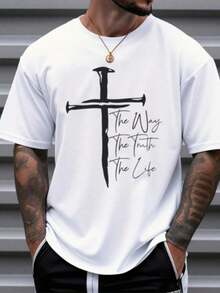Men's Christian Faith Graphic T-Shirt - Way, Truth, Life Cross Design, 100% Cotton, Breathable Short Sleeve T-Shirt, Suitable For Casual And Outdoor Wear In Spring And Summer, Religious Theme Clothing, Bold Comfortable Style Graphic T-Shirt, Christian T-Shirt - Unisex Top Size 30VF - 白色 - 查看 8