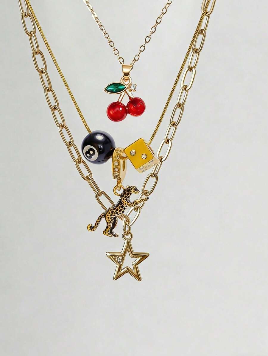 3pcs Leopard & Cherry Necklace Set, Ball-8 Billiard Dice Charm Necklace, Red Cherry Necklace, Fashionable Star Necklace, Classic Leopard NecklaceGift - Vàng - Xem 1