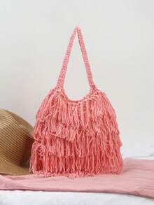 BAILEE Fashion Casual Tassel Edge Solid Color Crochet Shoulder Bag, Handmade, Foldable And Portable, Suitable For Matching Outfits And As A Gift - Multicolor - View 8