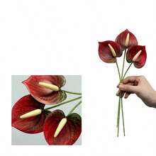 3pcs Realistic Touch 3D Red Anthurium Artificial Flowers - Red Flamingo Lily Faux Flowers, Suitable For Wedding Bouquets And Home Decor | Lifelike Touch Wedding Floral Arrangements And Table Centerpieces - Multicolor - View 13