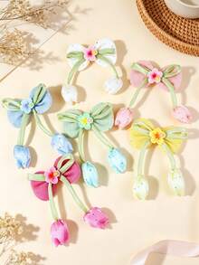 6pcs Colorful Fabric Flower & Bow Hair Clips, Suitable For Daily Wear, Spring/Summer - Multicolor - View 4