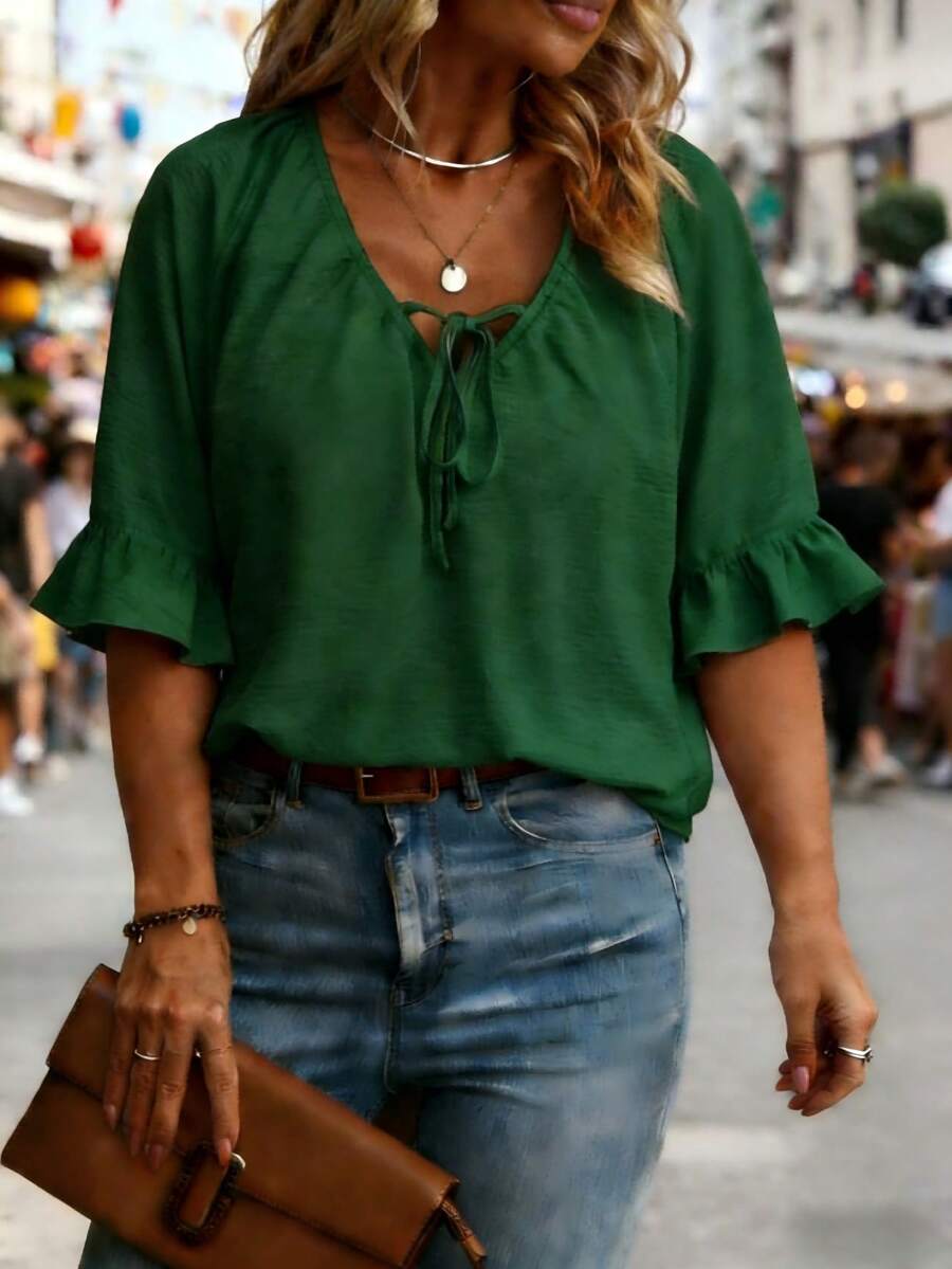 Plus Size Women Elegant Solid Color Knotted Ruched/Ruffle Trim Casual Tops Summer