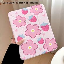 Floral, Heart And Strawberry Pattern Painted Effect Acrylic Crystal Tablet Protective Case, With Stand, Compatible With Honor/Apple/ And Other Popular Tablet Models, Foldable And Anti-Bending, Silicone Reinforced Corners, Auto Wake/Sleep Function, Built-In Pen Slot, Multi-Angle Foldable Stand - Multicolor - View 1