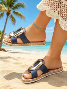 Sandalias de verano para mujer de talla grande, sandalias con cuña de suela blanda, puntera abierta y decoración de hebilla de metal dorado, chanclas planas trenzadas con correa en forma de H, estilo retro y lujoso para salidas y vacaciones de verano, sandalias deslizantes de plataforma elegante de PU marrón - Superficie de PU-H marrón - Ver 1