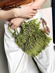 BAILEE Fashion Casual Tassel Edge Solid Color Crochet Shoulder Bag, Handmade, Foldable And Portable, Suitable For Matching Outfits And As A Gift - Multicolor - View 6