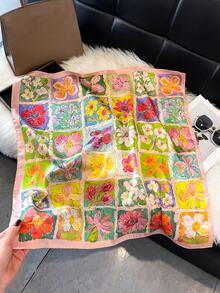 1条优雅印花27.6英寸方巾，多功能头巾，可作发带、领带等，时尚配饰，女士配饰，节日必备 - 粉色 - 查看 5