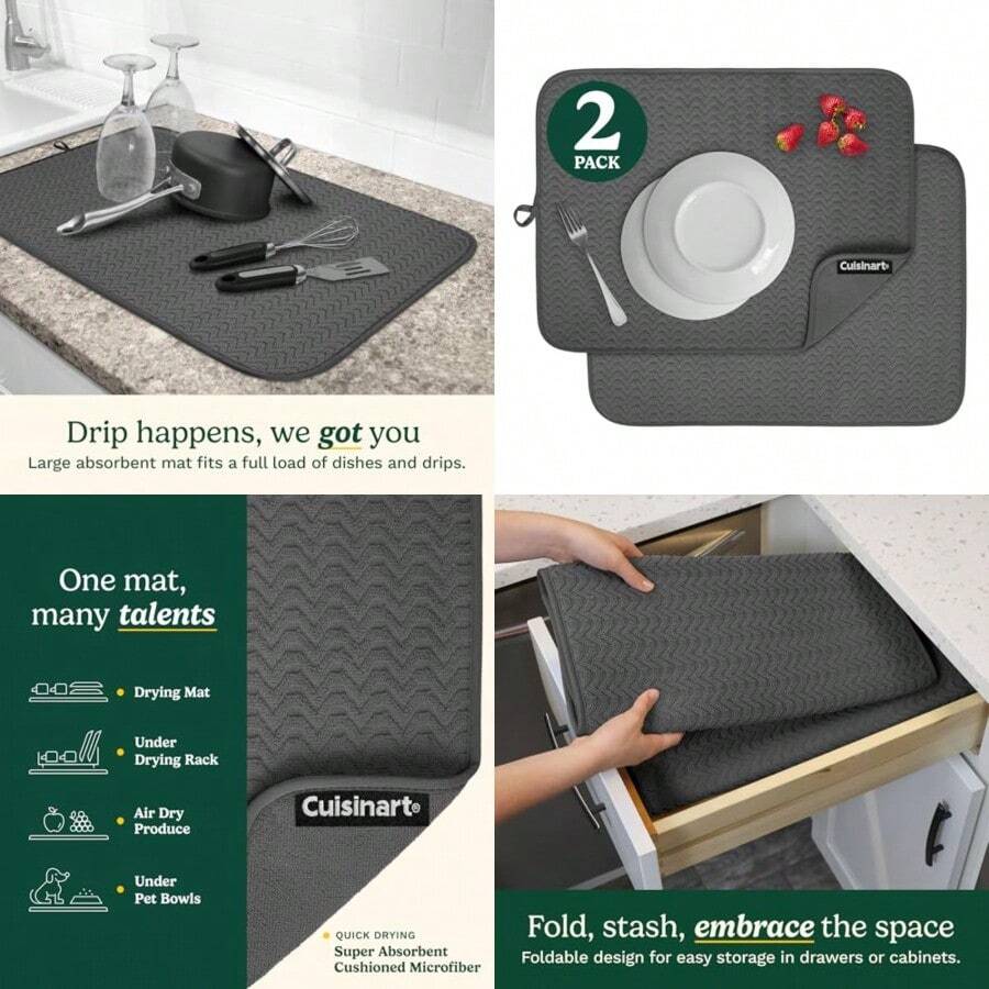 Cuisinart - Alfombrillas de secado de platos para encimera de cocina 2 alfombrillas ultra absorbentes de 18 x 24 pulgadas XL plegable lavable a máquina de secado rápido (Geostripe - Gris Oscuro - Ver 1