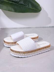 2026 Summer New Woven Platform Rivet Sandals, Thick Sole One-Strap Slides, Large Size Women Shoes For Overseas Market - White 1 - View 4
