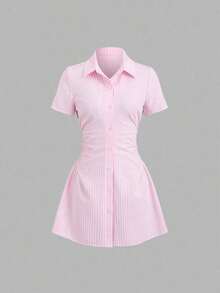 Vestido camisa de manga corta rosa dulce y fresco, diseño de cintura estilizadora, vestido camisero elegante para dama, nueva llegada de verano - Rosa - Ver 6