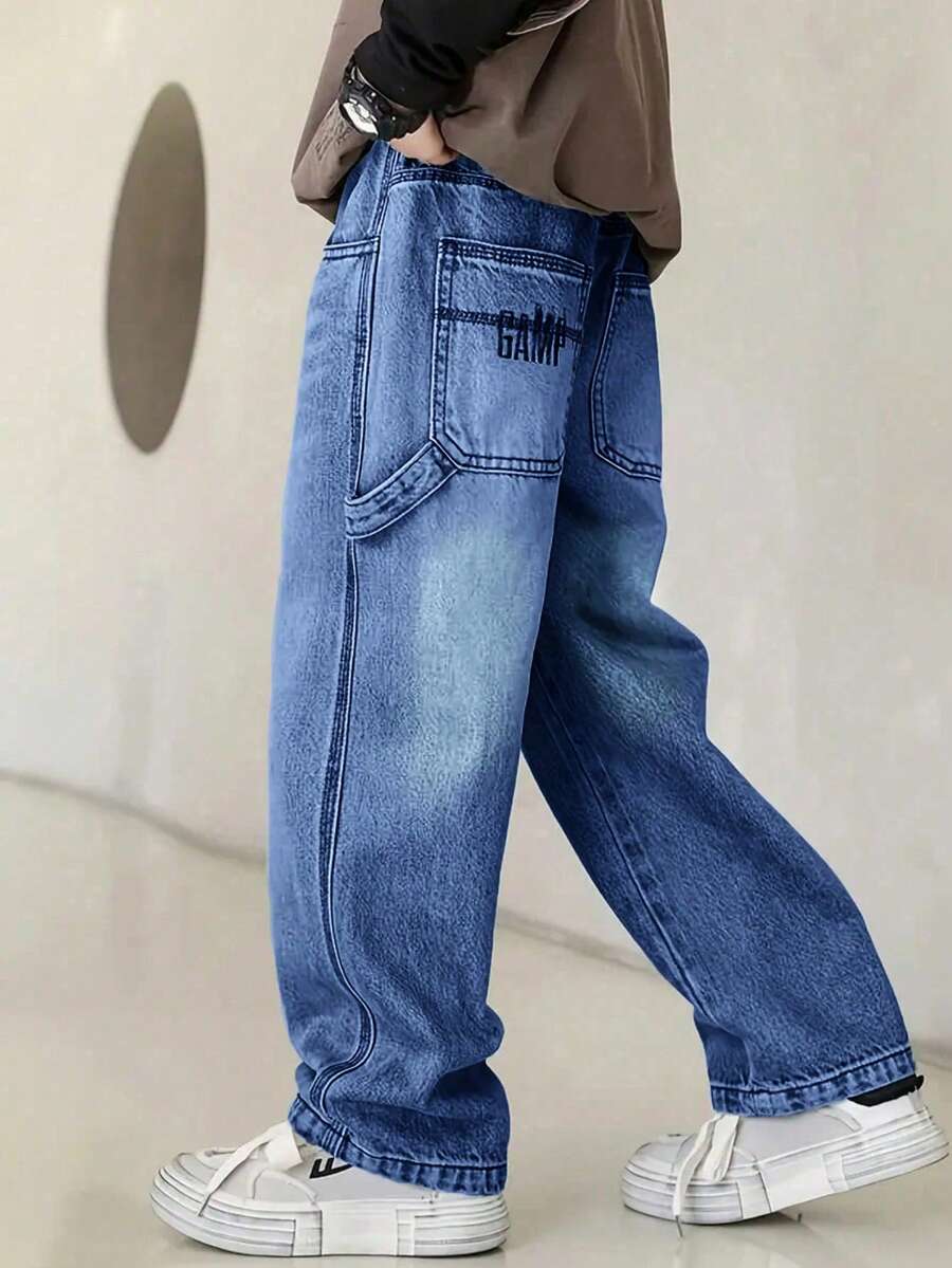 Quần jeans ống đứng dáng rộng thoải mái mới cho bé trai năm 2025, mùa thu. - Rửa nhẹ - Xem 1