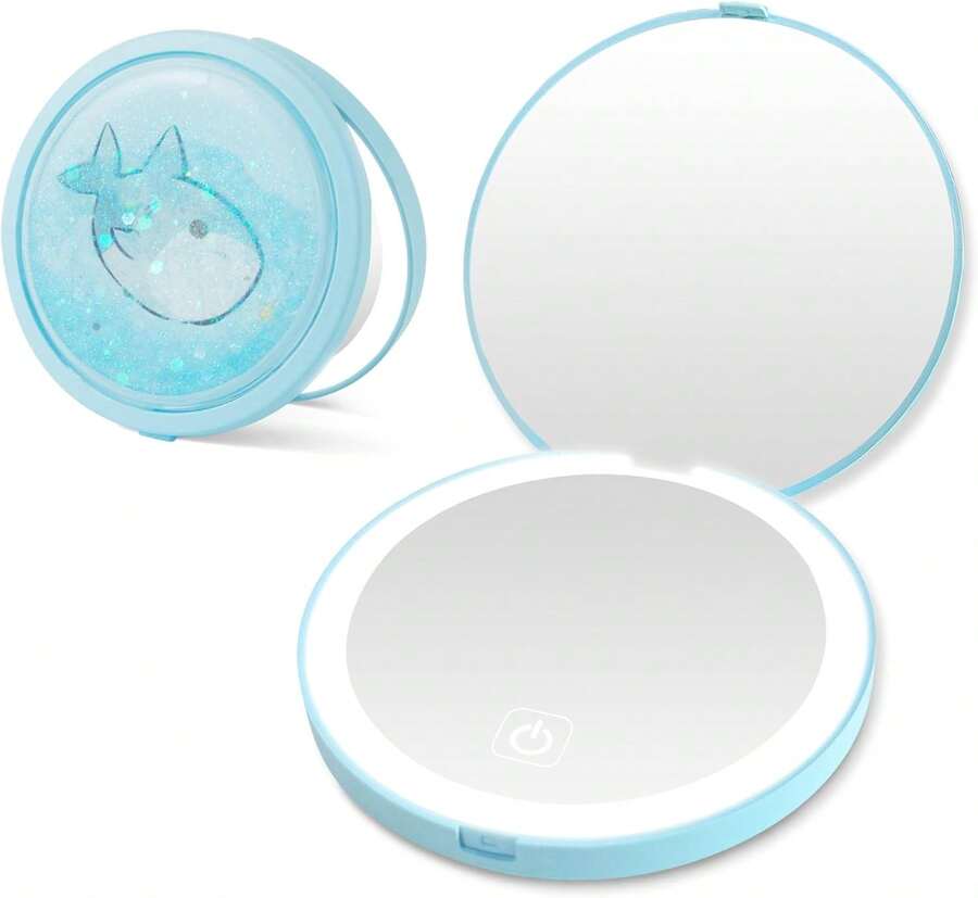 ZHUOTHAN Small Compact Mirror With Light, 1X/3X Magnification Travel Makeup Mirror, 3 Color, Dimmable Up, 3.14 Inch Pocket Mirror, Folding, 2-Sided, Round Quicksand Mini Mirror(Blue) - ColorA - View 1