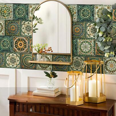 60pcs 10x10cm Bohemian Style Ceramic Tile Stickers, Customizable Pattern, Suitable For Living Room, Kitchen And Bedroom Wall Decor, PVC Wall Stickers For Home Decoration, Entryway And Wardrobe