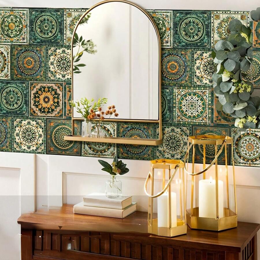 60pcs 10x10cm Bohemian Style Ceramic Tile Stickers, Customizable Pattern, Suitable For Living Room, Kitchen And Bedroom Wall Decor, PVC Wall Stickers For Home Decoration, Entryway And Wardrobe - Bohemian Style Kitchen Stickers - View 1