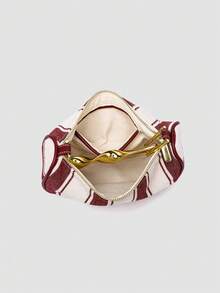 1pc Canvas Bag Summer New Arrival, Women's Bag With Metal Handle Mini Zipper Crossbody Bag, Canvas Small Casual Handbag Shoulder Bag, Perfect For Beach Vacation, Comes With Detachable Shoulder Strap - Burgundy - View 8