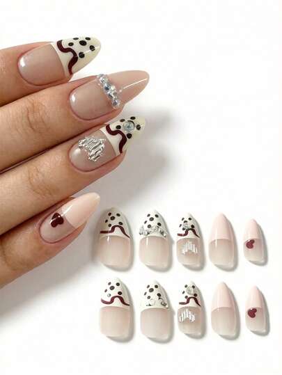 24 piezas de pegatinas de uñas con forma de almendra con rhinestones, estampado de vaca y diseño de corazón, diseño lindo y elegante para mujeres y estudiantes de uñas postizas