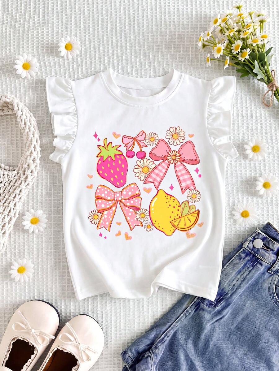 1 Stück Mädchen süßes und frisches T-Shirt mit Schmetterlingsärmeln, Top mit Fruchtdruck - Weiss - Übersicht 1