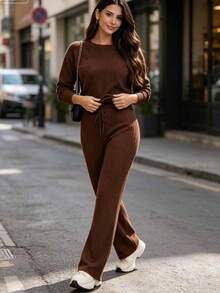 Women's Knitted Set: Blouse And Shaping Pants, Comfortable And Versatile For Everyday Wear - Coffee Brown - View 4