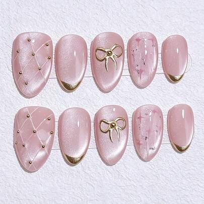 10pcs Short Almond-Shaped Nails, Pink Cat Eye Base With Gold French Tips + Metal Bow Decor, Elegant Luxury Princess Style Fake Nails, Suitable For Commute, Daily Wear, Dates, Sweet Cute Y2K Spring, Handmade Reusable, Beginner Friendly, Subtle Glitter, Fit For Everyday, Dates, Parties, Great Gift For Her
