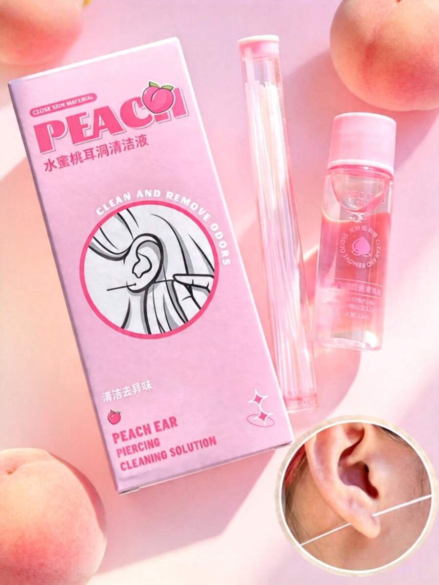 1 caja de solución de limpieza para perforación de orejas con aroma a melocotón, hilo de limpieza para perforación de orejas, serie de cuidado de orejas para eliminar la suciedad y la grasa, solución de limpieza para perforación de orejas, hilo de limpieza para perforación de orejas, solución de cuidado de orejas, solución de limpieza de orejas con aroma a melocotón, cuidado de orejas anti-bloqueo, esencial de viaje, esencial de vacaciones - Multicolor - Ver 1