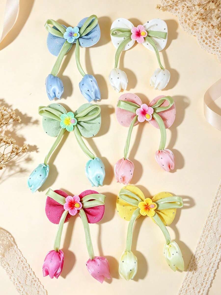 6pcs Colorful Fabric Flower & Bow Hair Clips, Suitable For Daily Wear, Spring/Summer - Multicolor - View 1