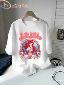 Disney Ariel Retro Floral Print Women's Premium 100% Cotton T-Shirt, Vintage 1989 Princess Graphic Short Sleeve Crew Neck Tee, Ultra Soft Breathable Casual Daily Top For Spring Summer Autumn - 白色 - 查看 1