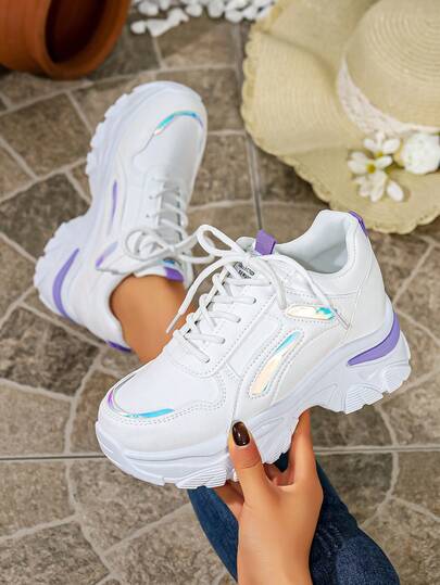 Women's Fashion Casual Versatile White Patchwork Platform Lace-Up Chunky Chunky Sneakers