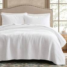 King Size Quilt Set - 100% Cotton, White Striped Pick Stitch, Soft Lightweight Bedspread, Linen-Like Texture, Farmhouse Rustic Coverlet, Shabby Chic Gauze Bedding, 3 Pieces - White - View 1