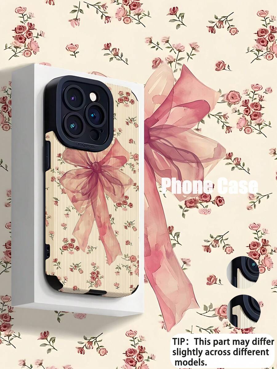 1件装时尚蝴蝶结花卉图案竖条纹仿皮防震防指纹手机壳，适合作为生日/节日礼物送给朋友、家人、情侣，兼容苹果及其他型号手机。 - 彩色 - 查看 1