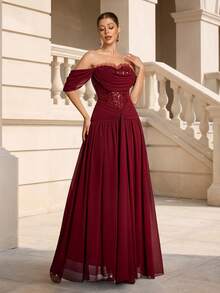 VIPGIRL Elegant Luxury Burgundy Open Shoulder Evening Dress - With Sequin Embellished Bodice And Flowing Chiffon Dress, Suitable For Formal Dinners, Galas And High-End Events Party Wedding Spring - Burgundy - View 4