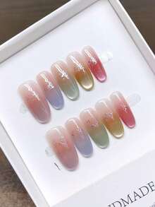 Ongles à presser portables faits à la main, design carré court peint à la main dans un schéma de couleurs arc-en-ciel d'œil de chat macaron, design minimaliste élégant de haute qualité, style de set printanier, style d'ongles Y2K, faux ongles créatifs de niche uniques, nail art quotidien, ongles de style mignon moderne, convenant à un usage quotidien, détachables - Multicolore - Voir 6