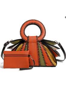 Tas Tangan Wanita Kapasitas Besar Colorblock Fashion 2026 dengan Tali Bahu dan Penutup Resleting, Desain Unik - MultiWarna - View 16