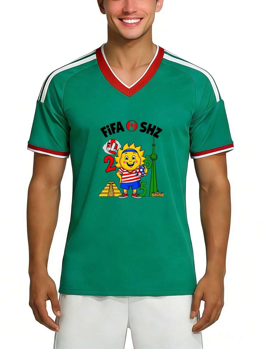 Estilo deportivo casual con un vibrante diseño gráfico, camiseta de la temporada de fútbol 2026 que presenta la mascota SHZ y monumentos de México, jersey con cuello en V para la primavera y el verano, camiseta para fanáticos del fútbol, regalo perfecto para entusiastas de los deportes y seguidores de los equipos. - Verde - Ver 1