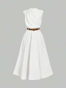 Vestido sin mangas de unicolor (con cinturón) para la temporada de regreso a clases - Blanco - Ver 1