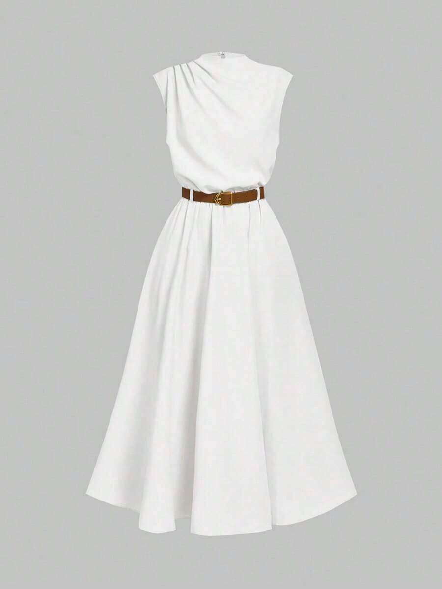 Vestido sin mangas de unicolor (con cinturón) para la temporada de regreso a clases - Blanco - Ver 1
